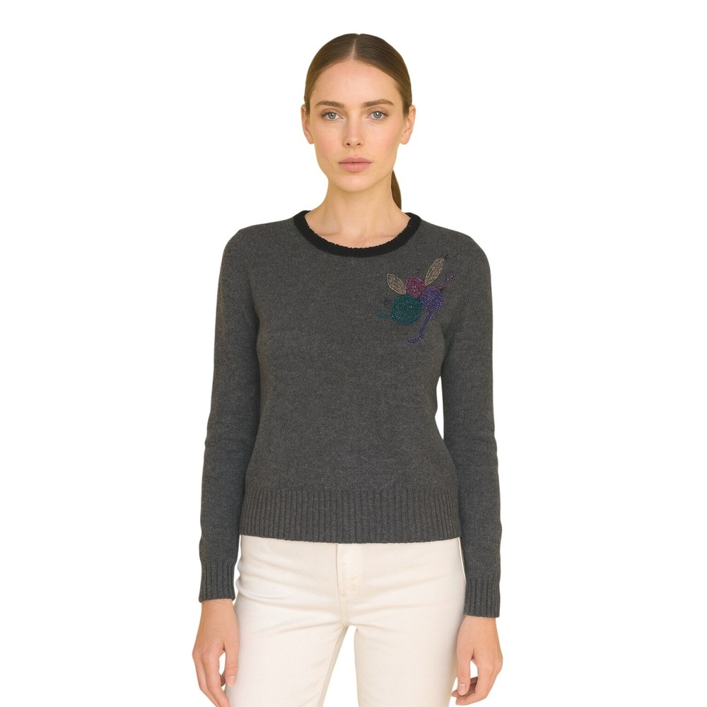 FIELDGEAR 80s Gray Sweater Applique Velvet Trim‎ Heart Abalone Buttons Size M